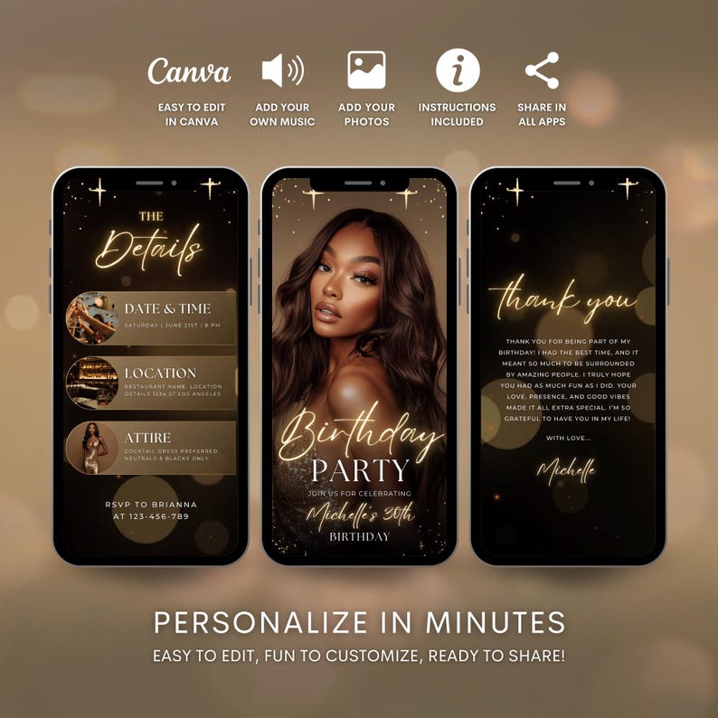 Puede incluir: Una invitaci&oacute;n digital dorada y negra para una fiesta de cumplea&ntilde;os. La invitaci&oacute;n presenta una foto de una mujer con un fondo de purpurina dorada. El texto de la invitaci&oacute;n dice "Birthday Party" y "Join us for celebrating Michelle's 30th Birthday".
