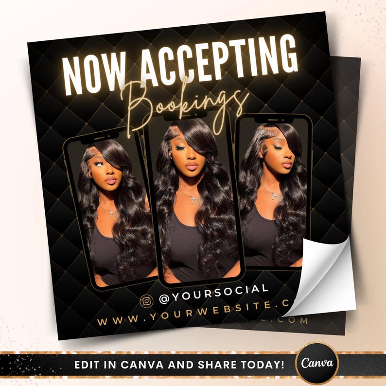 Now Accepting Bookings Flyer, DIY Gold Book Now Appointments Available Hair Stylist Lash Nail Social Media Instagram Editable Canva Template image 2
