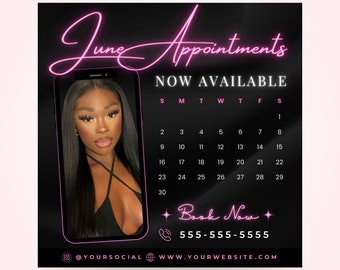 June Bookings Now Available Flyer, DIY Summer Book Now Appointments Beauty Hair Lashes Wigs Make Up Nails Social Media Canva Flyer Template