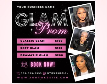 Glam Prom Specials Flyer, DIY Prom Queen Beauty Makeup Artist Hair Nail Lash Salon Sale MUA Homecoming Instagram Editable Canva Template