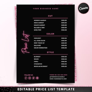 Price List Template, Editable Beauty Salon Pricing Template Design, DIY Printable Hair Stylist Wig Braids Nail Lash Makeup Canva Template