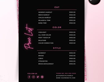Price List Template, Editable Beauty Salon Pricing Template Design, DIY Printable Hair Stylist Wig Braids Nail Lash Makeup Canva Template
