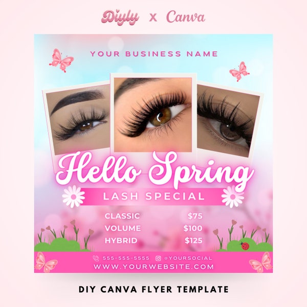 Spring Lash Special Flyer, DIY bewerkbare Canva-sjabloon, Hello Spring Sale Flyer, March Lashes Lash Extensions Instagram Social Media Flyer