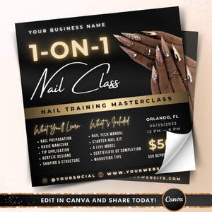1 on 1 Nail Class Flyer, DIY Nail Artist Training Masterclass Course Template, Nail Tech Salon Beautician Extensions Editable Canva Template image 2