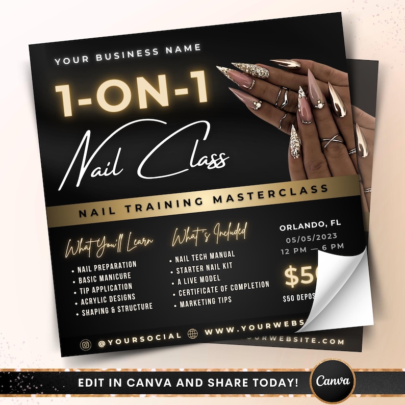 1 on 1 Nail Class Flyer, DIY Nail Artist Training Masterclass Course Template, Nail Tech Salon Beautician Extensions Editable Canva Template image 2