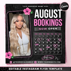 August Bookings Flyer, DIY Summer Books Flyer, Appointments Open Now Beauty Hair Lashes Wigs Makeup Nails Social Media Canva Flyer Template