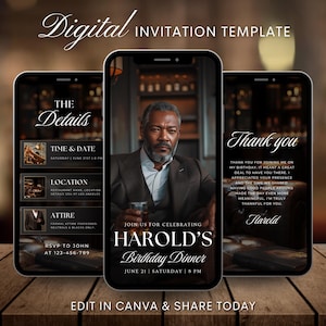 Puede incluir: Una plantilla de invitación digital para una cena de cumpleaños. La invitación presenta una foto de un hombre con traje y corbata, con el texto "Harold's Birthday Dinner" en letras blancas sobre fondo negro. La invitación también incluye la fecha y la hora del evento, así como un mensaje de agradecimiento del cumpleañero.