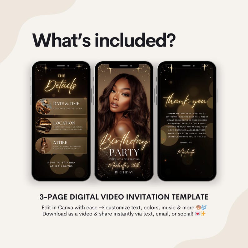 Puede incluir: Una plantilla de invitaci&oacute;n de video digital de tres p&aacute;ginas para una fiesta de cumplea&ntilde;os. La plantilla presenta un fondo negro con acentos y texto dorados. La primera p&aacute;gina incluye detalles sobre la fiesta, la segunda p&aacute;gina presenta una foto de una mujer y la tercera p&aacute;gina dice "gracias".