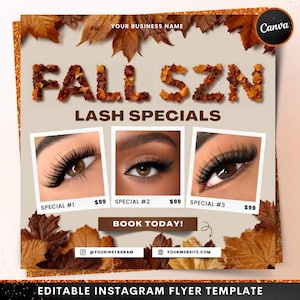 Può includere: Un modello di flyer di Instagram con il testo "FALL SZN LASH SPECIALS". Il flyer presenta tre immagini di occhi con diversi stili di ciglia, ciascuno al prezzo di 99 €. Il flyer include il testo "BOOK TODAY!" e i nomi utente dei social media.