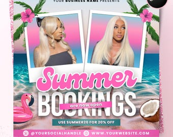 Summer Booking Flyer, DIY June Bookings Open, Beauty Appointments Now Available, Book Now Hair Lash Nail Social Media Canva Flyer Template
