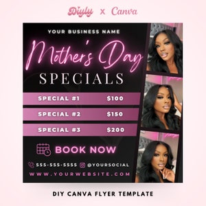 Mother's Day Specials Flyer, DIY Mothers Appointment Book Now Beauty Hair Lashes Wigs Braids Locs Nails Social Media Editable Canva Template