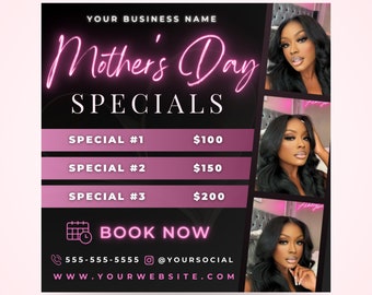 Mother's Day Specials Flyer, DIY Mothers Appointment Book Now Beauty Hair Lashes Wigs Braids Locs Nails Social Media Editable Canva Template