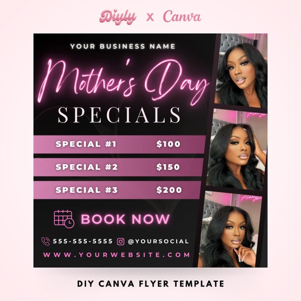 Mother's Day Specials Flyer, DIY Mothers Appointment Book Now Beauty Hair Lashes Wigs Braids Locs Nails Social Media Editable Canva Template