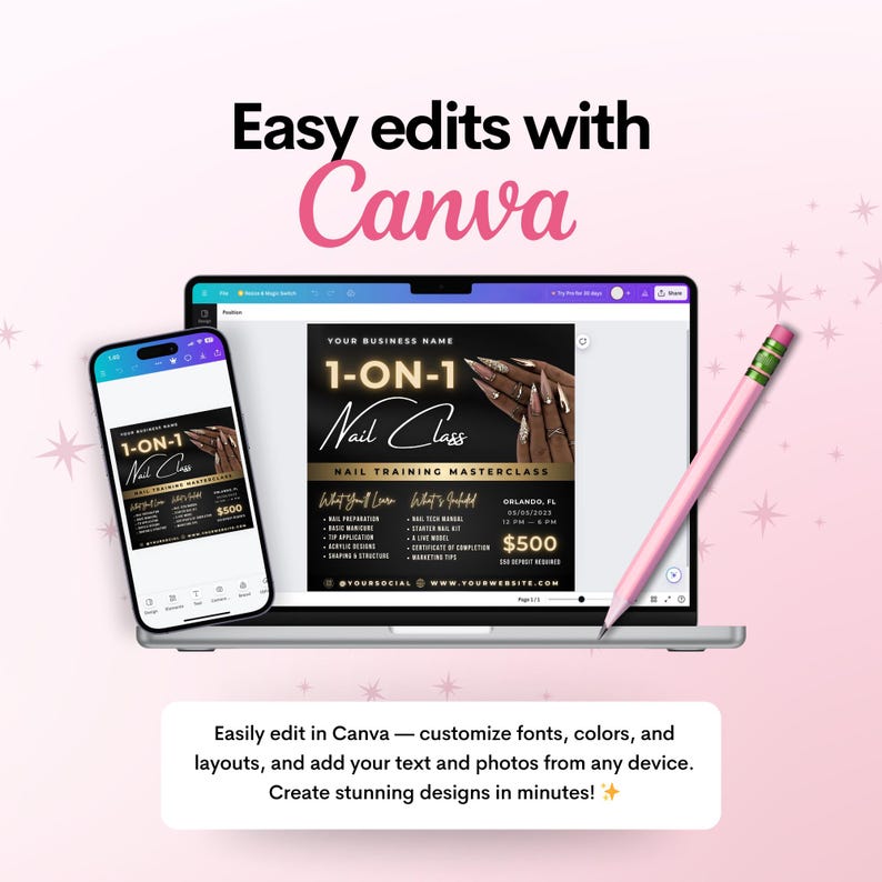 1 on 1 Nail Class Flyer, DIY Nail Artist Training Masterclass Course Template, Nail Tech Salon Beautician Extensions Editable Canva Template image 4