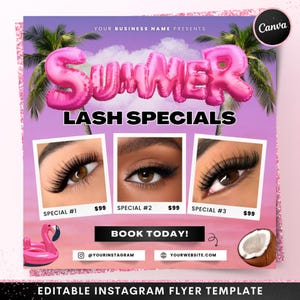 Summer Lash Specials Flyer, DIY bearbeitbarer Sommer Lash Sale Flyer, Lash Tech Flyer, Sommeranfragen für Lash Künstler, digitale Canva-Vorlage