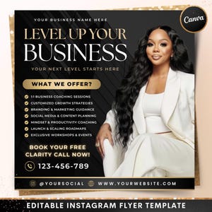 Op de afbeelding: Bewerkbare Instagram flyer template in zwart en goud, ter promotie van zakelijke diensten. De tekst luidt "Level Up Your Business" en somt diensten op. Een vrouw in een wit pak is afgebeeld. Contactgegevens inbegrepen.