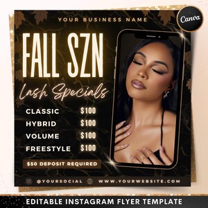 Op de afbeelding: Instagram flyer sjabloon met een zwarte en gouden achtergrond. De tekst "FALL SZN Lash Specials" wordt weergegeven in grote witte letters. De flyer bevat een foto van een vrouw en geeft de prijzen van wimperservices weer.
