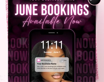 June Bookings Now Available Flyer, DIY Summer Book Now Appointments Beauty Hair Lashes Wigs Make Up Nails Social Media Canva Flyer Template