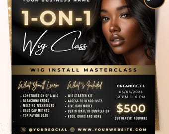 Folleto de clase individual de pelucas, plantilla de curso magistral de instalación de pelucas DIY, plantilla editable de Canva para estilistas, pelucas, extensiones de cabello y rastas.