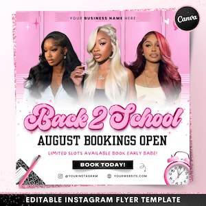Back to School Booking Flyer, August Bookings Flyer, Back to School Sale, Appointments Open Beauty Hair Lash Nail Braids Canva Template