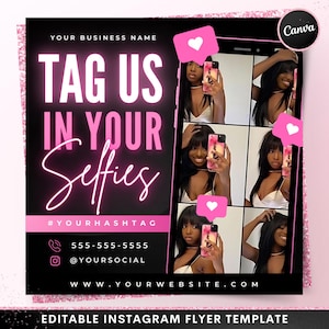 Marque-nos em seu panfleto de selfies, nós amamos selfies faça você mesmo para mídias sociais Instagram modelo editável Canva, cabelo cílios unhas beleza boutique branding