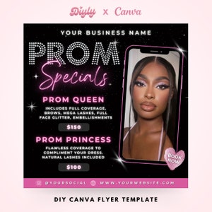 Prom Specials Flyer, DIY Beauty Makeup Artist Hair Nail Lash Salon MUA Homecoming Prom Queen Social Media Instagram Editable Canva Template