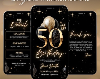 Digital 50th Birthday Party Invitation Video Template, Luxury Black and Gold Balloon Editable Invite, Women’s Birthday Animated Canva Evite