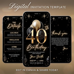 Modelo de vídeo de convite digital para festa de 40 anos, convite editável com balão preto e dourado de luxo, convite animado de aniversário feminino Canva Evite