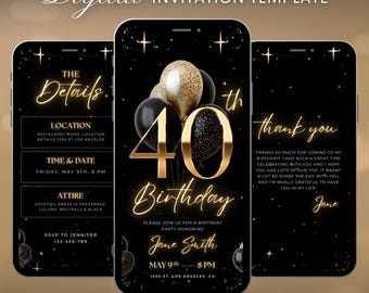 Digital 40th Birthday Party Invitation Video Template, Luxury Black and Gold Balloon Editable Invite, Women’s Birthday Animated Canva Evite