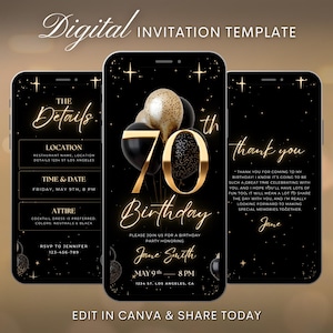 May include: Digital invitation template for a 70th birthday. The design features a black background with gold accents, including balloons and text. The invitation includes details such as the date, time, location, and RSVP information.