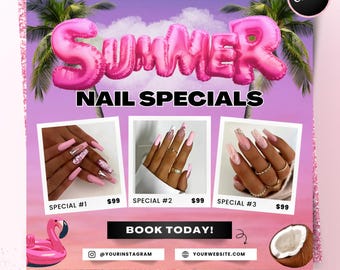 Sommarens nagelerbjudanden, DIY-redigerbar sommarnagelrea-flyer, nagelteknikflyer, sommarbokningar för nagelartist, digital Canva-mall