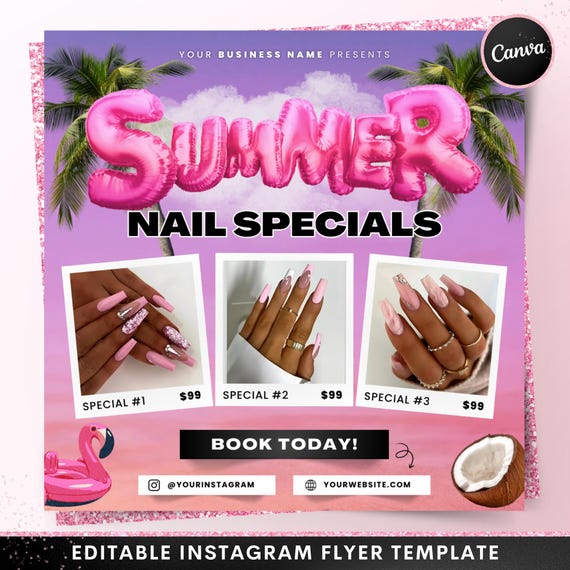 Summer Nail Specials Flyer, DIY Editable Summer Nail Sale Flyer, Nail Tech Flyer, Summer Bookings for Nail Artist, Digital Canva Template