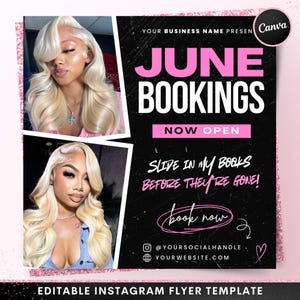 June Bookings Now Available Flyer, DIY Summer Book Now Appointments Beauty Hair Lashes Wigs Make Up Nails Social Media Canva Flyer Template