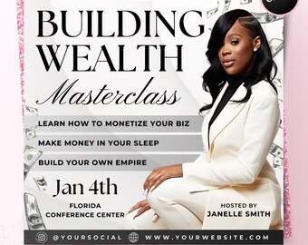 Wealth Masterclass Flyer, DIY Flyer Template Design, Wealth Building Flyer, Hair Lash Makeup Beauty Class Flyer Premade Business Canva Flyer