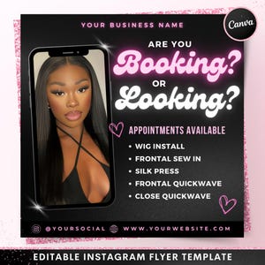 Booking or Looking Flyer, DIY Hair Special Wig Install Sale Flyer, Hairstylist Appointments Available Book Now Lashes Nail Canva Template