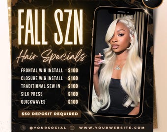 Fall Hair Specials Flyer, September Bookings Available Flyer, Fall Season Hair Salon Wig Sale Price List, Hairstylist DIY Canva Template