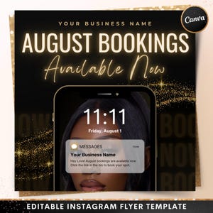 August Bookings Now Available Flyer, DIY Summer Book Now Appointments Beauty Hair Lashes Wigs Makeup Nails Social Media Canva Flyer Template