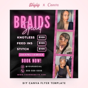 Braids Special Flyer, DIY Hair Salon Flyer, Hairstylist Appointments Available Book Now Flyer, Beauty Social Media Editable Canva Template