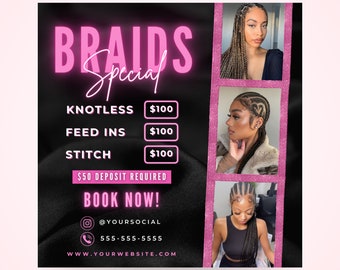 Braids Special Flyer, DIY Hair Salon Flyer, Hairstylist Appointments Available Book Now Flyer, Beauty Social Media Editable Canva Template