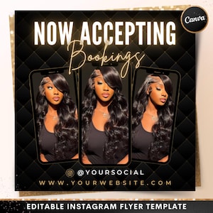 Now Accepting Bookings Flyer, DIY Gold Book Now Appointments Available Hair Stylist Lash Nail Social Media Instagram Editable Canva Template