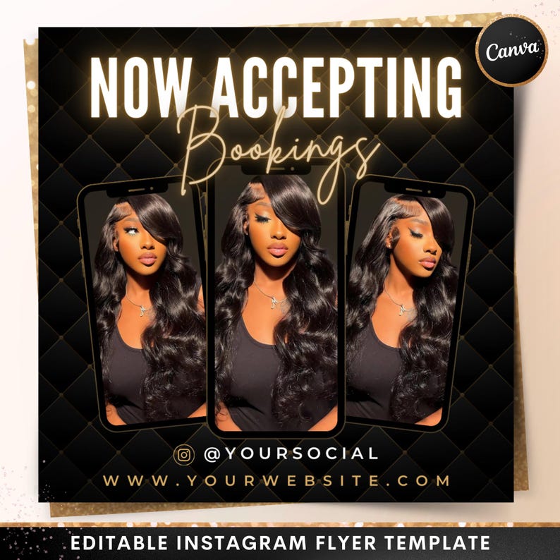 Now Accepting Bookings Flyer, DIY Gold Book Now Appointments Available Hair Stylist Lash Nail Social Media Instagram Editable Canva Template image 1