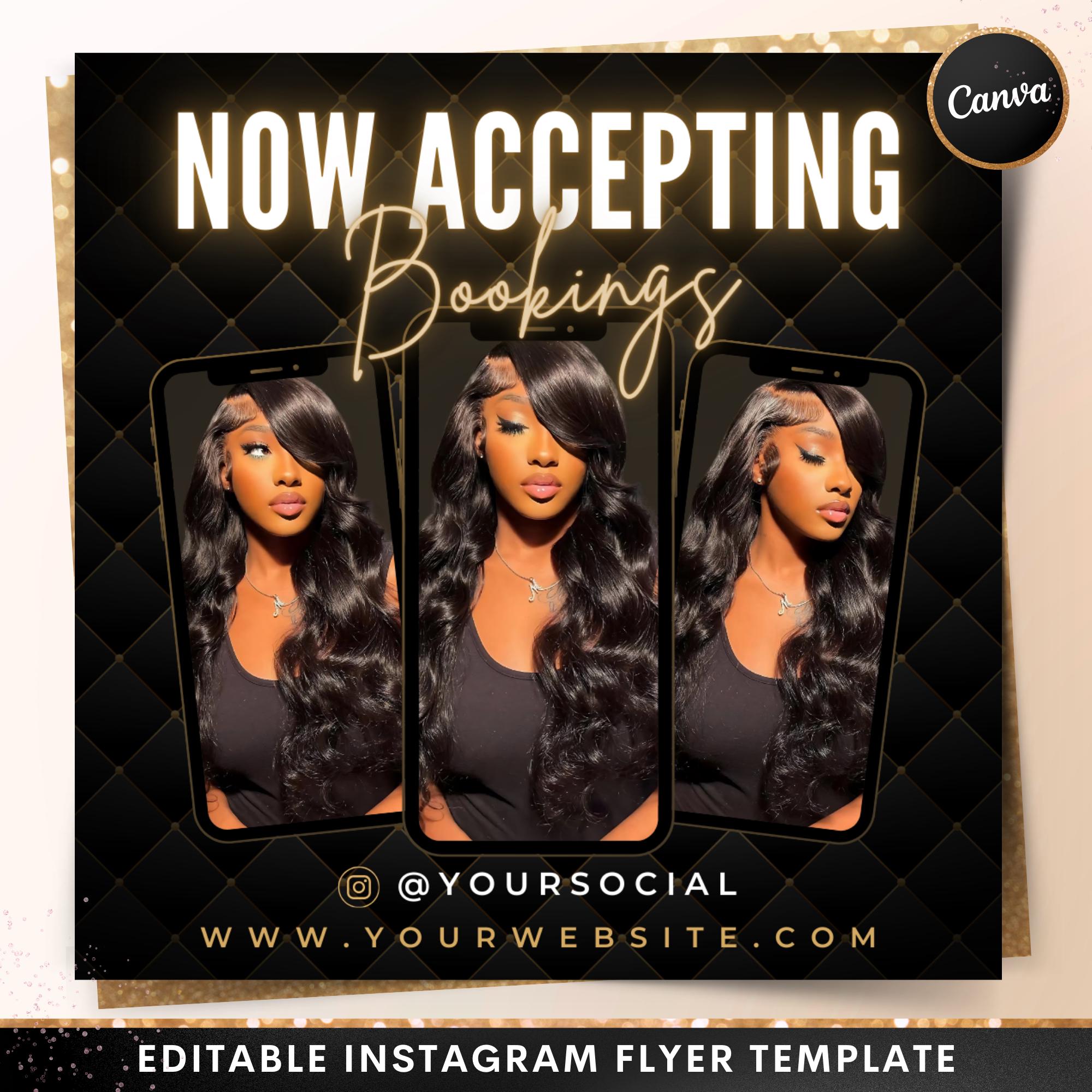 Now Accepting Bookings Flyer, DIY Gold Book Now Appointments Available Hair Stylist Lash Nail Social Media Instagram Editable Canva Template