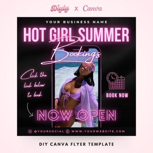 Hot Girl Summer Bookings Flyer, DIY Summer Sale Book Now Beauty Hair Lashes Wigs Make Up Nails Bundles Social Media Editable Canva Template