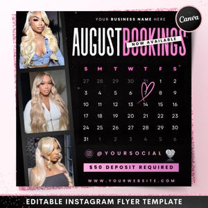 August Bookings Now Available Flyer, DIY Summer Book Now Appointments Beauty Hair Lashes Wigs Makeup Nails Social Media Canva Flyer Template
