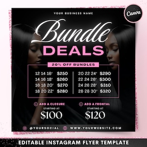 Peut inclure: Flyer Instagram noir et rose avec le texte "Bundle Deals" et une liste de prix pour les mèches de cheveux. Le flyer comprend le texte "20% de réduction sur les lots" et "Ajouter une fermeture à partir de 100 €" et "Ajouter un frontal à partir de 120 €".