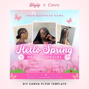 Hello Spring Braids Special Flyer, DIY Editable Canva Template, Spring Break Sale Flyer, Braid Wig Install MUA Instagram Social Media Flyer