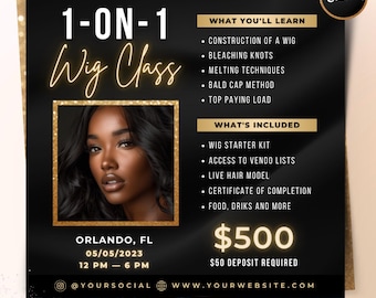 Folleto de clase de pelucas, plantilla de curso magistral de instalación de pelucas DIY individual, plantilla editable de Canva para estilistas, pelucas, extensiones de cabello y rastas.