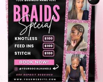 Braids Special Flyer, DIY Hair Salon Flyer, Hairstylist Appointments Available Book Now Flyer, Beauty Social Media Editable Canva Template