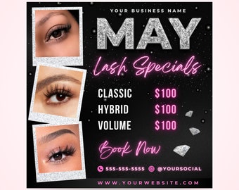 May Lash Specials Flyer, DIY May Bookings Appointment Open Book Now Beauty Lash Extensions Artist Nails Social Media Editable Canva Template