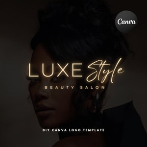 Puede incluir: Una plantilla de logotipo para un salón de belleza llamado "LUXE Style" con una foto en blanco y negro de una mujer con cabello oscuro. El texto está en color dorado y las palabras "BEAUTY SALON" están debajo del logotipo.